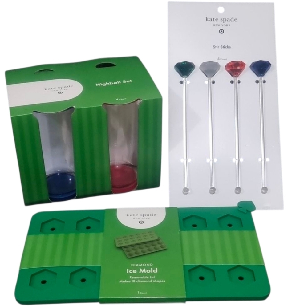 Kate Spade NIP Highball Set with Stir Sticks and Ice Mold all 3 NWT